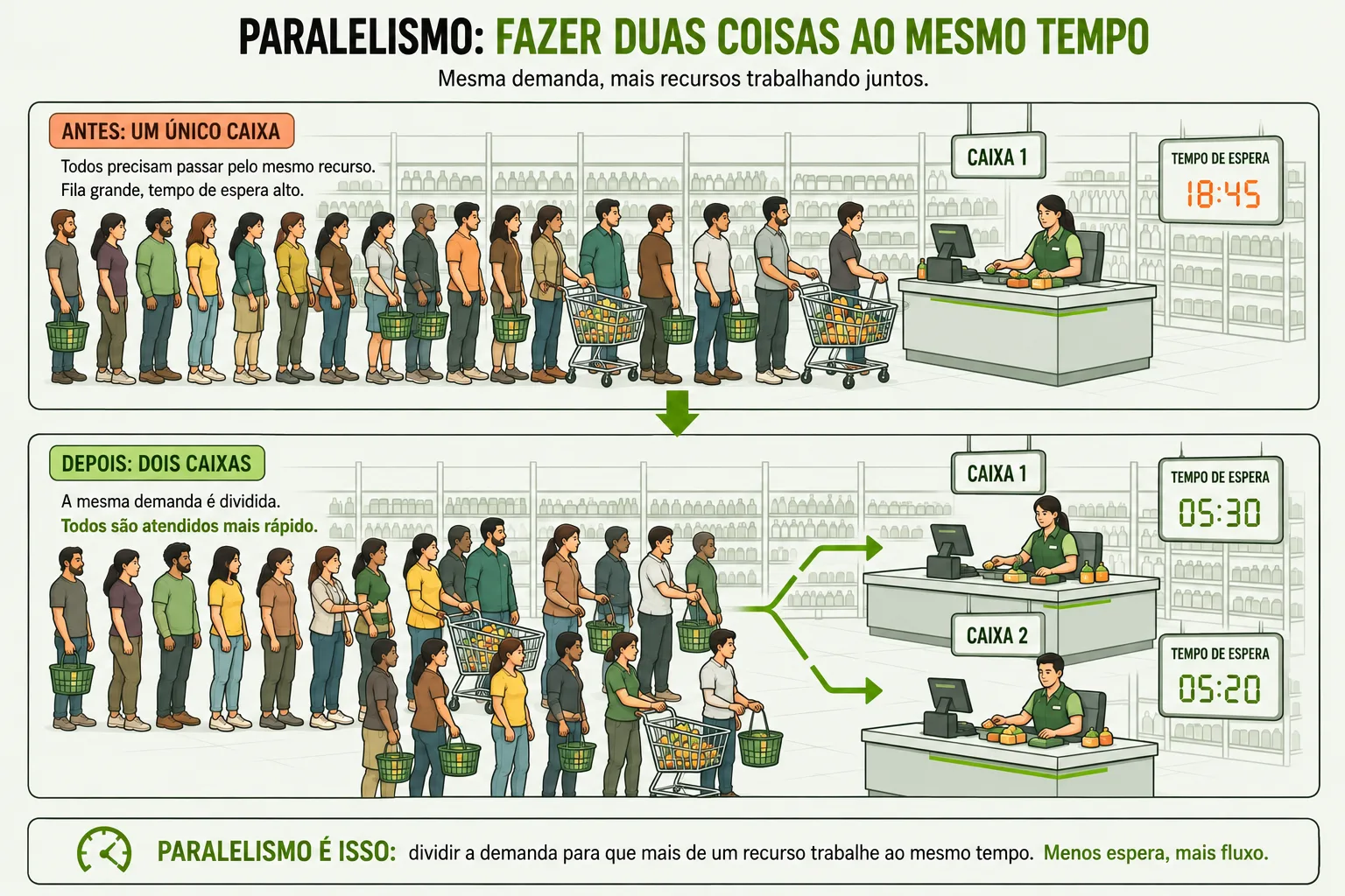 Paralelismo: fazer duas coisas ao mesmo tempo. Antes, um único caixa: todos precisam passar pelo mesmo recurso, fila grande, tempo de espera alto. Depois, dois caixas: a mesma demanda é dividida, todos são atendidos mais rápido. Paralelismo é isso: dividir a demanda para que mais de um recurso trabalhe ao mesmo tempo — menos espera, mais fluxo.