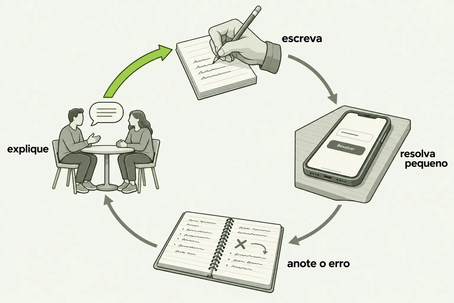 Diagrama de ciclo com quatro etapas em círculo, ligadas por setas no sentido horário. No topo, “escreva”: uma mão escrevendo a lápis num bloco de papel. À direita, “resolva pequeno”: um celular deitado sobre a mesa, com uma tela simples de um campo e um botão escrito “Resolver”. Embaixo, “anote o erro”: um caderno de espiral aberto, com anotações de um lado e, do outro, um X junto de uma seta que corrige o rumo. À esquerda, “explique”: duas pessoas sentadas frente a frente numa mesa pequena, com um balão de fala entre elas. A seta que sai de “explique” e sobe de volta para “escreva”, fechando o ciclo, é verde e mais grossa que as outras três.