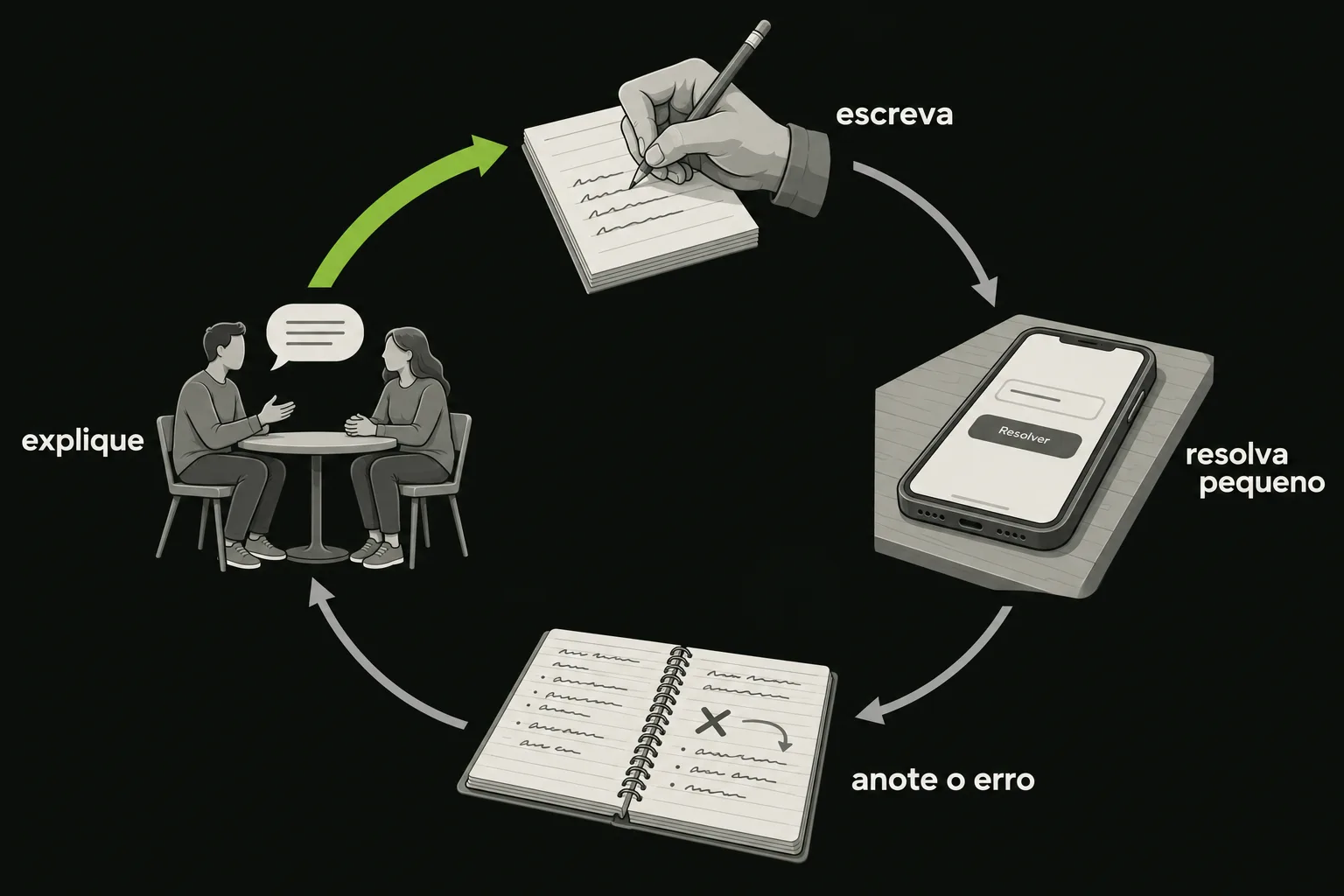 Diagrama de ciclo com quatro etapas em círculo, ligadas por setas no sentido horário. No topo, “escreva”: uma mão escrevendo a lápis num bloco de papel. À direita, “resolva pequeno”: um celular deitado sobre a mesa, com uma tela simples de um campo e um botão escrito “Resolver”. Embaixo, “anote o erro”: um caderno de espiral aberto, com anotações de um lado e, do outro, um X junto de uma seta que corrige o rumo. À esquerda, “explique”: duas pessoas sentadas frente a frente numa mesa pequena, com um balão de fala entre elas. A seta que sai de “explique” e sobe de volta para “escreva”, fechando o ciclo, é verde e mais grossa que as outras três.