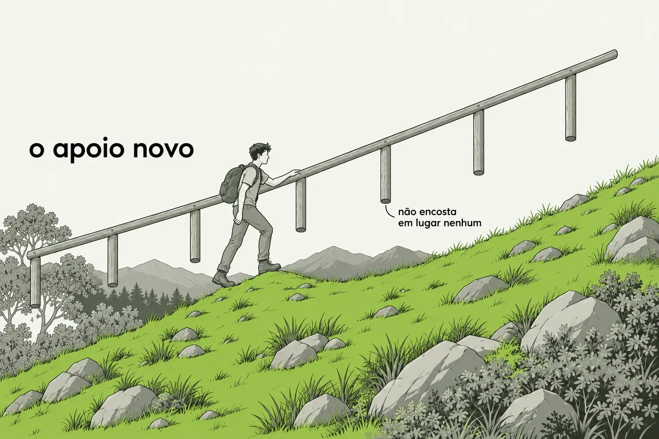 A mesma encosta crua do começo do capítulo, verde, sem degraus e sem trilha, com pedras e capim, mata em volta e montanhas ao fundo. Sobre ela, no ar, um corrimão comprido de madeira apoiado em postes verticais, só que os postes terminam soltos no ar, e o vão até o terreno aumenta da esquerda para a direita, porque o corrimão sobe mais reto que a encosta. Um rapaz de mochila sobe a encosta com a mão apoiada nele, olhando para a frente, confiante. Um rótulo diz “o apoio novo”; outro, ligado por um traço fino à ponta solta de um dos postes, diz “não encosta em lugar nenhum”.