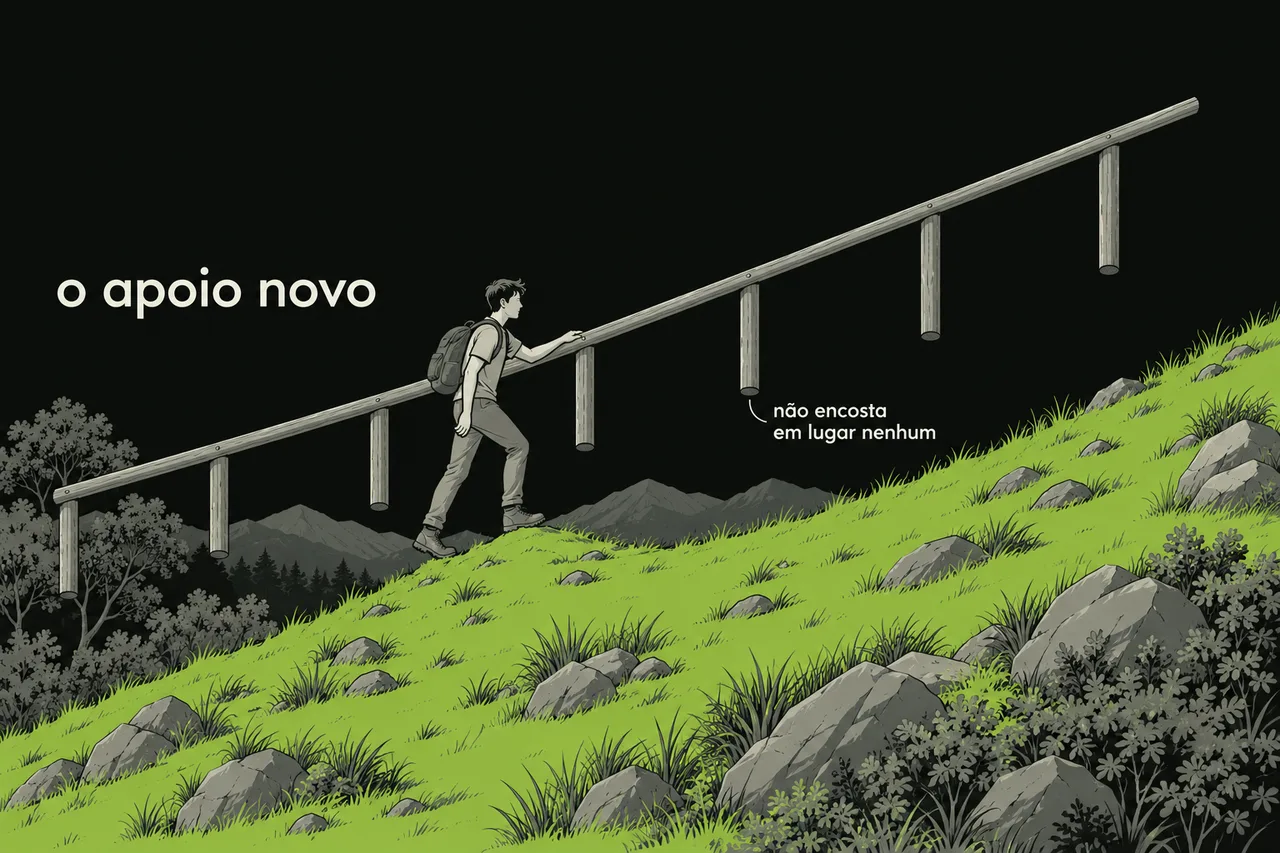 A mesma encosta crua do começo do capítulo, verde, sem degraus e sem trilha, com pedras e capim, mata em volta e montanhas ao fundo. Sobre ela, no ar, um corrimão comprido de madeira apoiado em postes verticais, só que os postes terminam soltos no ar, e o vão até o terreno aumenta da esquerda para a direita, porque o corrimão sobe mais reto que a encosta. Um rapaz de mochila sobe a encosta com a mão apoiada nele, olhando para a frente, confiante. Um rótulo diz “o apoio novo”; outro, ligado por um traço fino à ponta solta de um dos postes, diz “não encosta em lugar nenhum”.