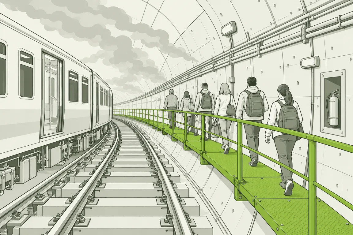 Um túnel de metrô com fumaça cinza no alto. Um trem está parado nos trilhos, à esquerda, com uma das portas aberta. Do outro lado dos trilhos, uma passarela estreita, com corrimão, corre ao longo da parede do túnel. Passageiros caminham em fila pela passarela, em direção ao fundo do túnel. A passarela com o corrimão é desenhada em verde, o único elemento colorido da imagem. Na parede há um extintor num nicho e luminárias de emergência. Não há nenhuma palavra escrita na imagem.
