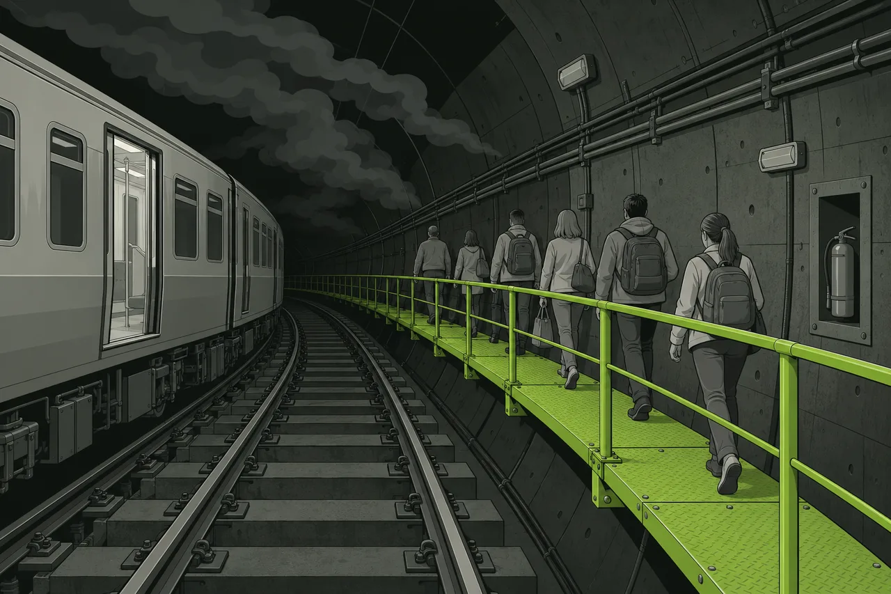 Um túnel de metrô com fumaça cinza no alto. Um trem está parado nos trilhos, à esquerda, com uma das portas aberta. Do outro lado dos trilhos, uma passarela estreita, com corrimão, corre ao longo da parede do túnel. Passageiros caminham em fila pela passarela, em direção ao fundo do túnel. A passarela com o corrimão é desenhada em verde, o único elemento colorido da imagem. Na parede há um extintor num nicho e luminárias de emergência. Não há nenhuma palavra escrita na imagem.