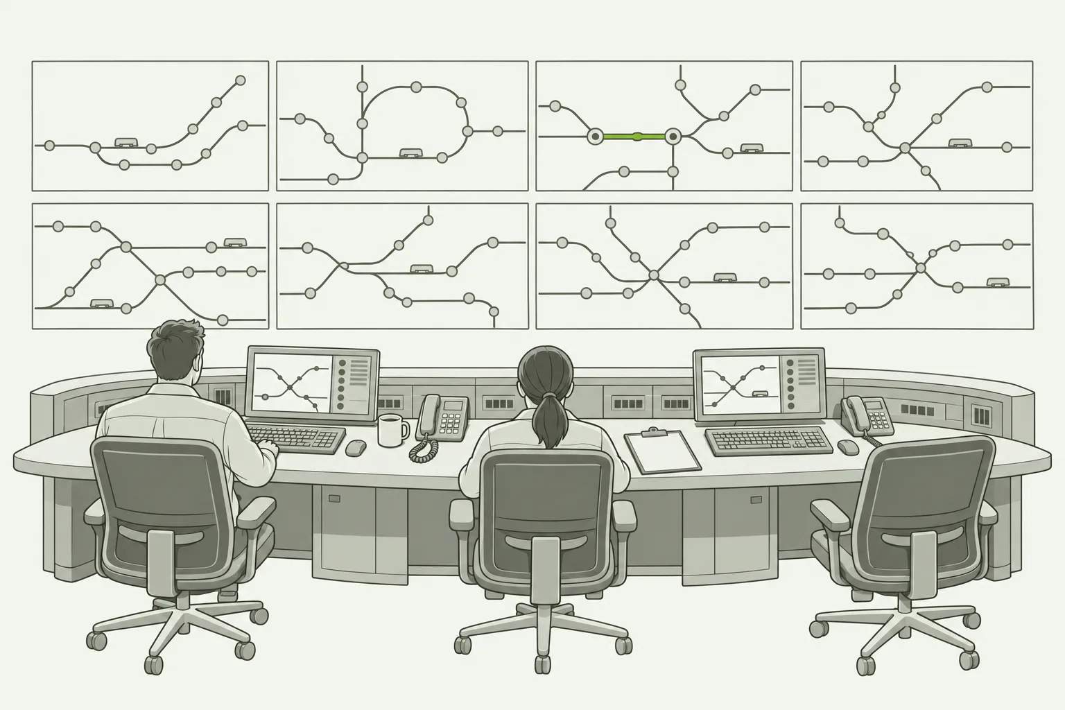 O centro de controle do metrô, visto por trás das mesas. Uma parede inteira de telas mostra o desenho das linhas, com pequenos retângulos marcando os trens. Numa das telas da fileira de cima, um único trecho curto de uma linha é desenhado em verde, o único elemento colorido da imagem. Diante das telas há uma mesa comprida com teclados, telefones, uma caneca e três cadeiras, duas ocupadas por operadores vistos de costas e uma vazia. Na mesa há também dois monitores pequenos e uma prancheta. Não há nenhuma palavra escrita na imagem.