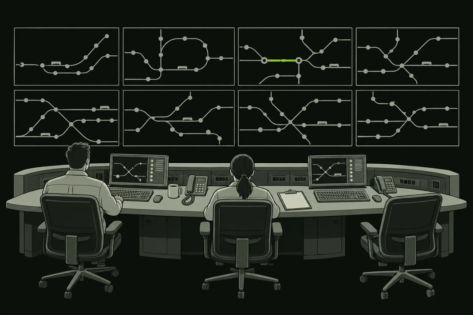 O centro de controle do metrô, visto por trás das mesas. Uma parede inteira de telas mostra o desenho das linhas, com pequenos retângulos marcando os trens. Numa das telas da fileira de cima, um único trecho curto de uma linha é desenhado em verde, o único elemento colorido da imagem. Diante das telas há uma mesa comprida com teclados, telefones, uma caneca e três cadeiras, duas ocupadas por operadores vistos de costas e uma vazia. Na mesa há também dois monitores pequenos e uma prancheta. Não há nenhuma palavra escrita na imagem.