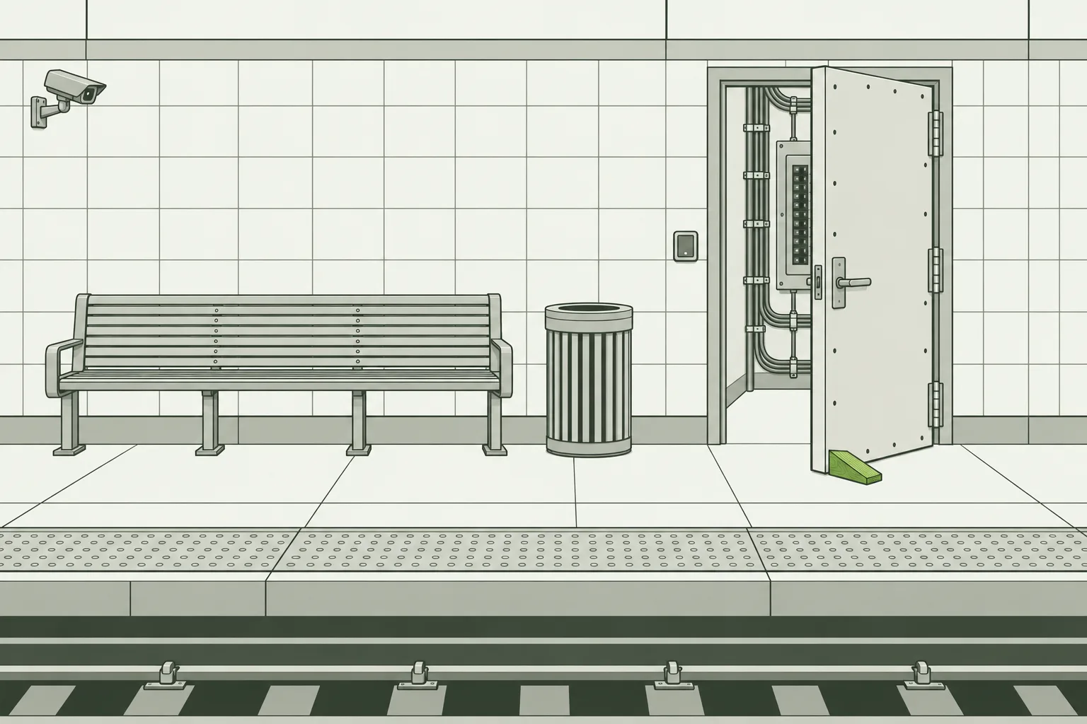 Uma plataforma de metrô vazia, à noite. Na parede da plataforma, uma porta de serviço de metal está entreaberta, presa por um calço de madeira no chão. Ao lado da porta há um leitor de crachá. Pela fresta aparece um corredor estreito com feixes de cabos e um painel elétrico. O calço de madeira é desenhado em verde, o único elemento colorido da imagem. Na plataforma há um banco, uma lixeira e uma câmera no alto da parede. Não há nenhuma palavra escrita na imagem.