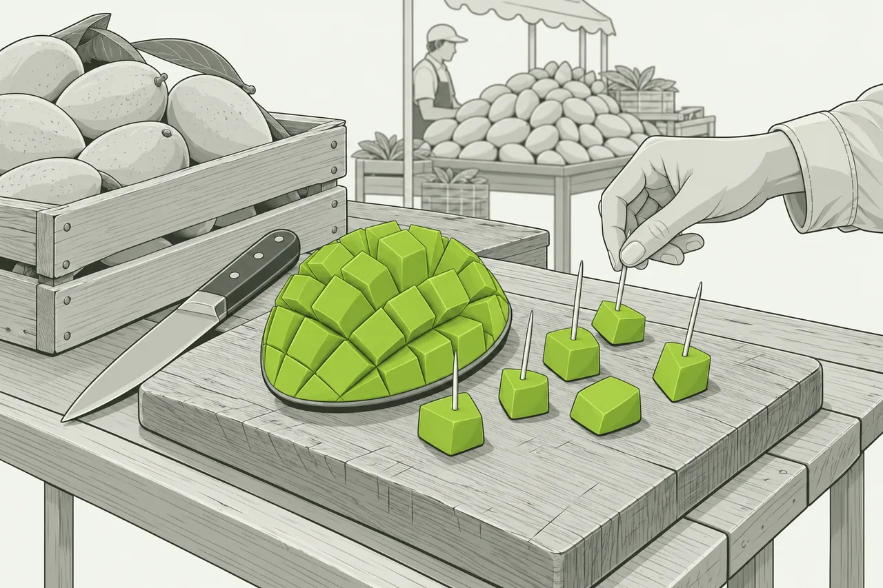 O balcão de uma barraca de feira, visto de perto e um pouco de cima. Sobre uma tábua de madeira, uma manga está cortada em cubos, com palitos espetados em alguns pedaços. A manga cortada é desenhada em verde, o único elemento colorido da imagem. Ao lado da tábua, uma faca de cozinha e um caixote de mangas inteiras. A mão de um freguês, entrando pela direita, pega um palito. Ao fundo, fora de foco, um feirante atrás de outra barraca, com uma pilha alta de mangas. Não há nenhuma palavra escrita na imagem.