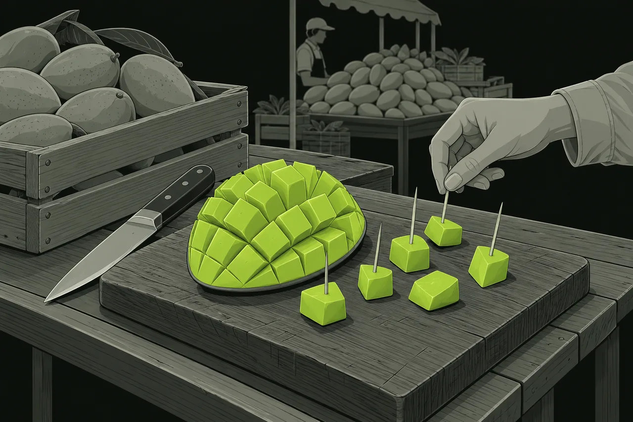 O balcão de uma barraca de feira, visto de perto e um pouco de cima. Sobre uma tábua de madeira, uma manga está cortada em cubos, com palitos espetados em alguns pedaços. A manga cortada é desenhada em verde, o único elemento colorido da imagem. Ao lado da tábua, uma faca de cozinha e um caixote de mangas inteiras. A mão de um freguês, entrando pela direita, pega um palito. Ao fundo, fora de foco, um feirante atrás de outra barraca, com uma pilha alta de mangas. Não há nenhuma palavra escrita na imagem.