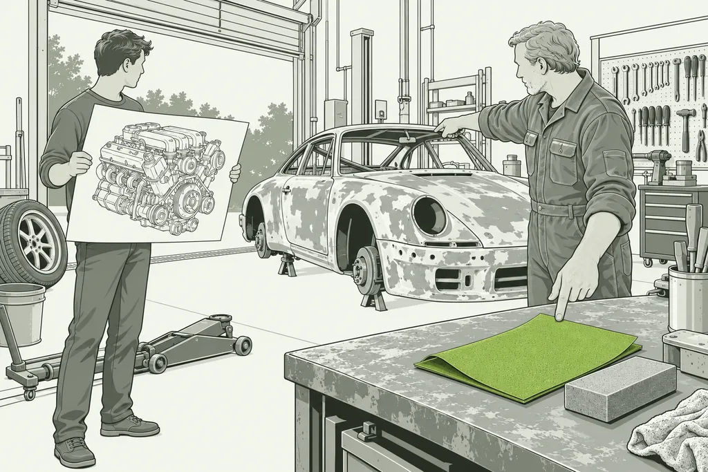 O interior de uma oficina mecânica simples, de portão aberto. Um rapaz jovem está de pé perto da porta, segurando uma folha grande com o desenho de um motor esportivo. Do outro lado, um mecânico mais velho, de macacão, aponta para um carro sem pintura, com partes da lataria descascadas, e para uma lixa em cima da bancada. A lixa é desenhada em verde, o único elemento colorido da imagem. Ao lado da lixa há um bloco de lixar. Em volta há ferramentas penduradas na parede, um pneu encostado, um balde e um macaco hidráulico no chão. Não há nenhuma palavra escrita na imagem.