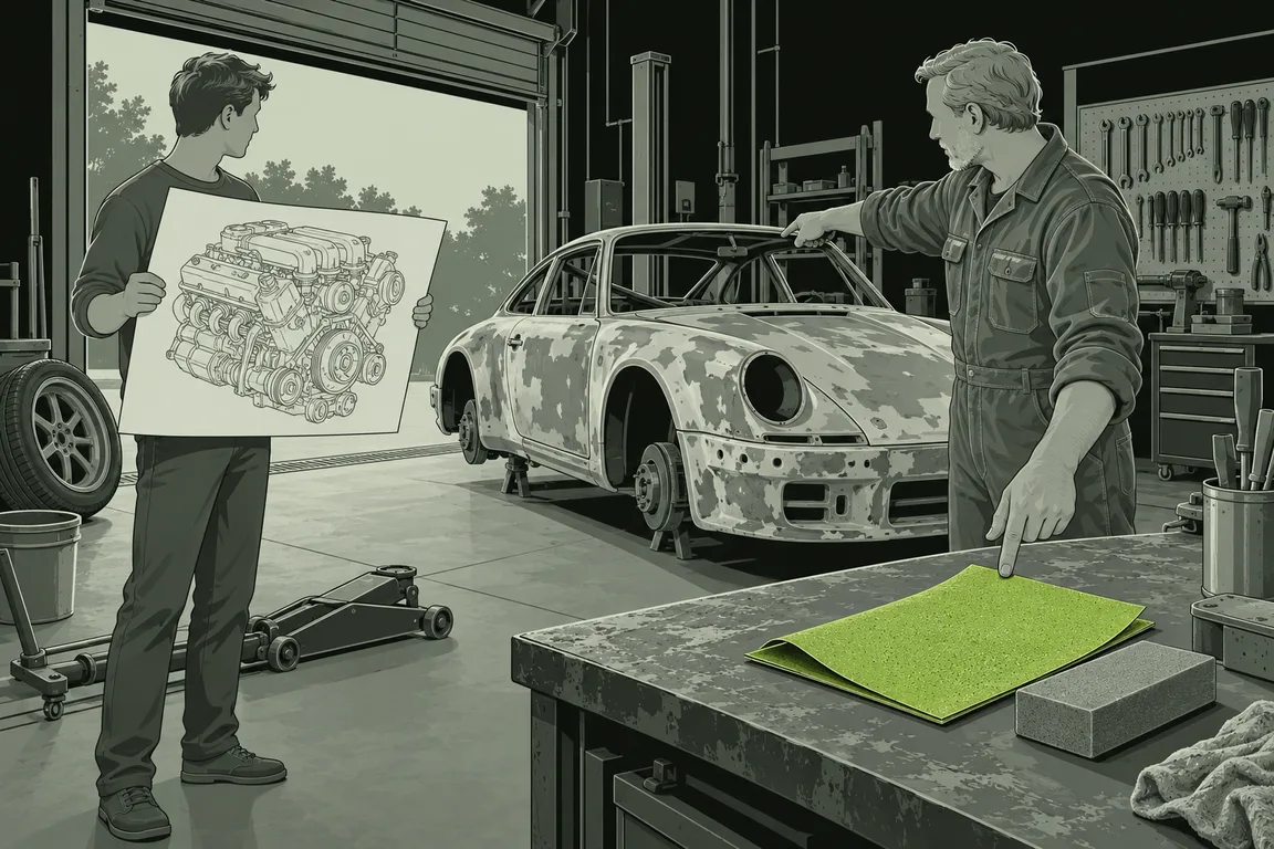 O interior de uma oficina mecânica simples, de portão aberto. Um rapaz jovem está de pé perto da porta, segurando uma folha grande com o desenho de um motor esportivo. Do outro lado, um mecânico mais velho, de macacão, aponta para um carro sem pintura, com partes da lataria descascadas, e para uma lixa em cima da bancada. A lixa é desenhada em verde, o único elemento colorido da imagem. Ao lado da lixa há um bloco de lixar. Em volta há ferramentas penduradas na parede, um pneu encostado, um balde e um macaco hidráulico no chão. Não há nenhuma palavra escrita na imagem.