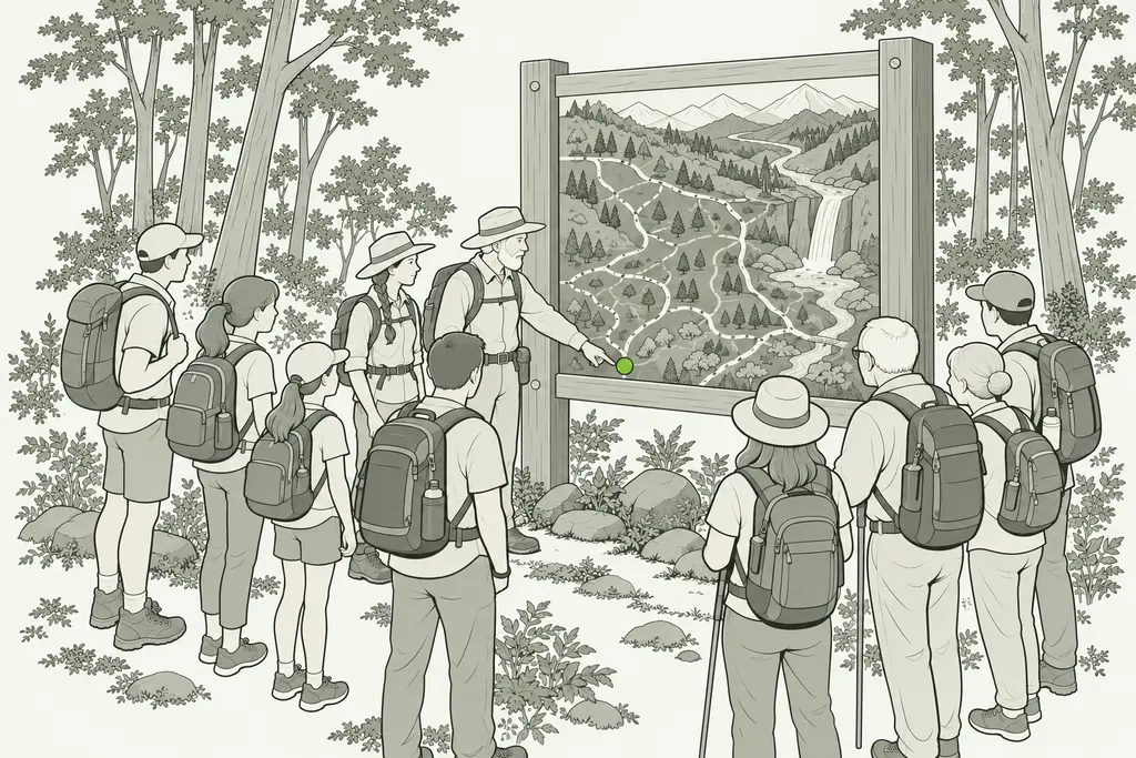 A entrada de um parque, de manhã cedo. Um painel grande de madeira mostra o mapa do parque, com trilhas desenhadas em linhas, um rio e uma cachoeira, sem nenhuma palavra. No pé do mapa, um ponto redondo marca o lugar onde o painel está. O ponto é desenhado em verde, o único elemento colorido da imagem. Na frente do painel, um guia de chapéu aponta para o ponto, com uma guia jovem de chapéu ao lado. Um grupo de oito pessoas de mochila olha para o mapa, entre elas uma menina e um casal mais velho. Atrás do grupo começa a mata. Não há nenhuma palavra escrita na imagem.