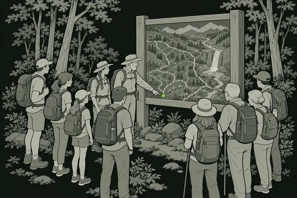 A entrada de um parque, de manhã cedo. Um painel grande de madeira mostra o mapa do parque, com trilhas desenhadas em linhas, um rio e uma cachoeira, sem nenhuma palavra. No pé do mapa, um ponto redondo marca o lugar onde o painel está. O ponto é desenhado em verde, o único elemento colorido da imagem. Na frente do painel, um guia de chapéu aponta para o ponto, com uma guia jovem de chapéu ao lado. Um grupo de oito pessoas de mochila olha para o mapa, entre elas uma menina e um casal mais velho. Atrás do grupo começa a mata. Não há nenhuma palavra escrita na imagem.