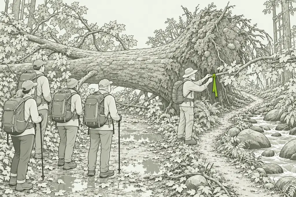 Uma trilha na mata fechada por uma árvore enorme caída de través, com as raízes arrancadas para o alto e os galhos ainda com folhas. Um guia de chapéu, de pé ao lado do tronco, amarra uma fita num galho baixo, no começo de uma trilha estreita que contorna a árvore pela beira de um riacho. A fita é desenhada em verde, o único elemento colorido da imagem. Um grupo de pessoas de mochila observa o tronco. O chão está molhado, com poças e folhas. Não há nenhuma palavra escrita na imagem.