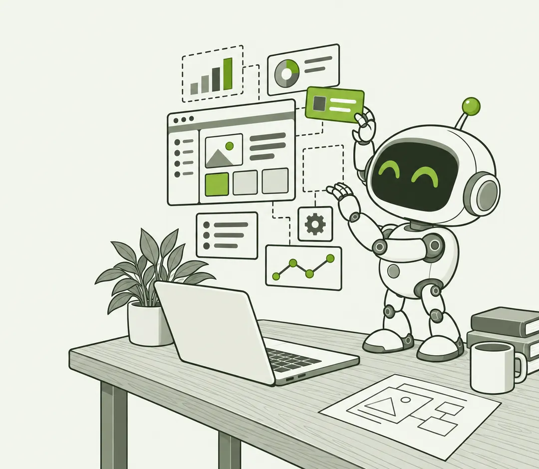 O robozinho mascote monta um aplicativo no ar, ao lado de um notebook.