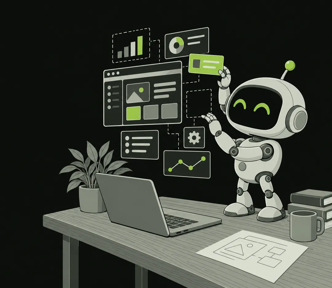 O robozinho mascote monta um aplicativo no ar, ao lado de um notebook.